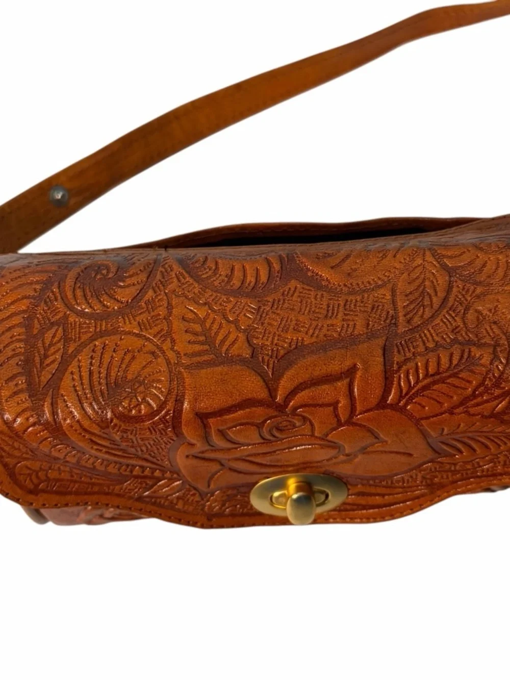 Vintage Cross body Bag Made In Mexico Brown Leather Horse Hair Rose Purse